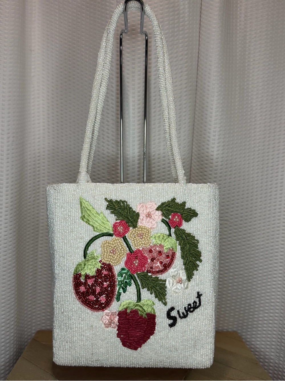 Viral Beaded White Strawberry Tote Bag with Floral Embroidery!